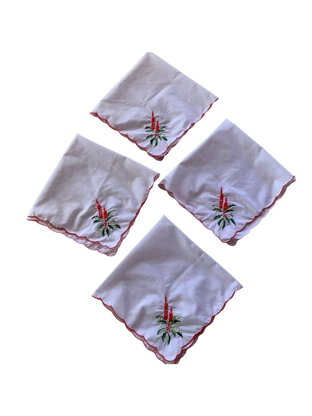 Vintage Set of 4 Fabric Napkins White Red Christmas Candle Holly Embroidered